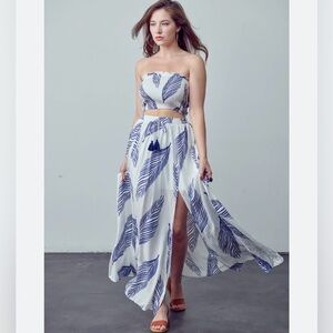 Anthropologie Aakaa Blue Leaf on White Print Tropical Skirt and Top Set